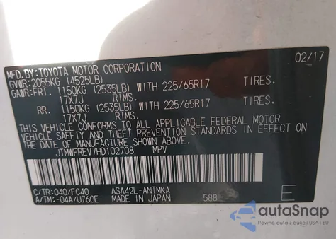 2017 Toyota Rav4 Xle из США, поврежденный, VIN JTMWFREV7HD102708